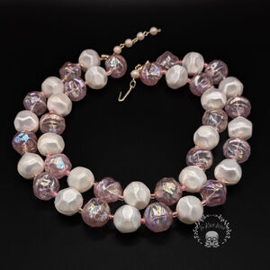 SIGNED Vintage Pink and White Bubble Bead Necklace